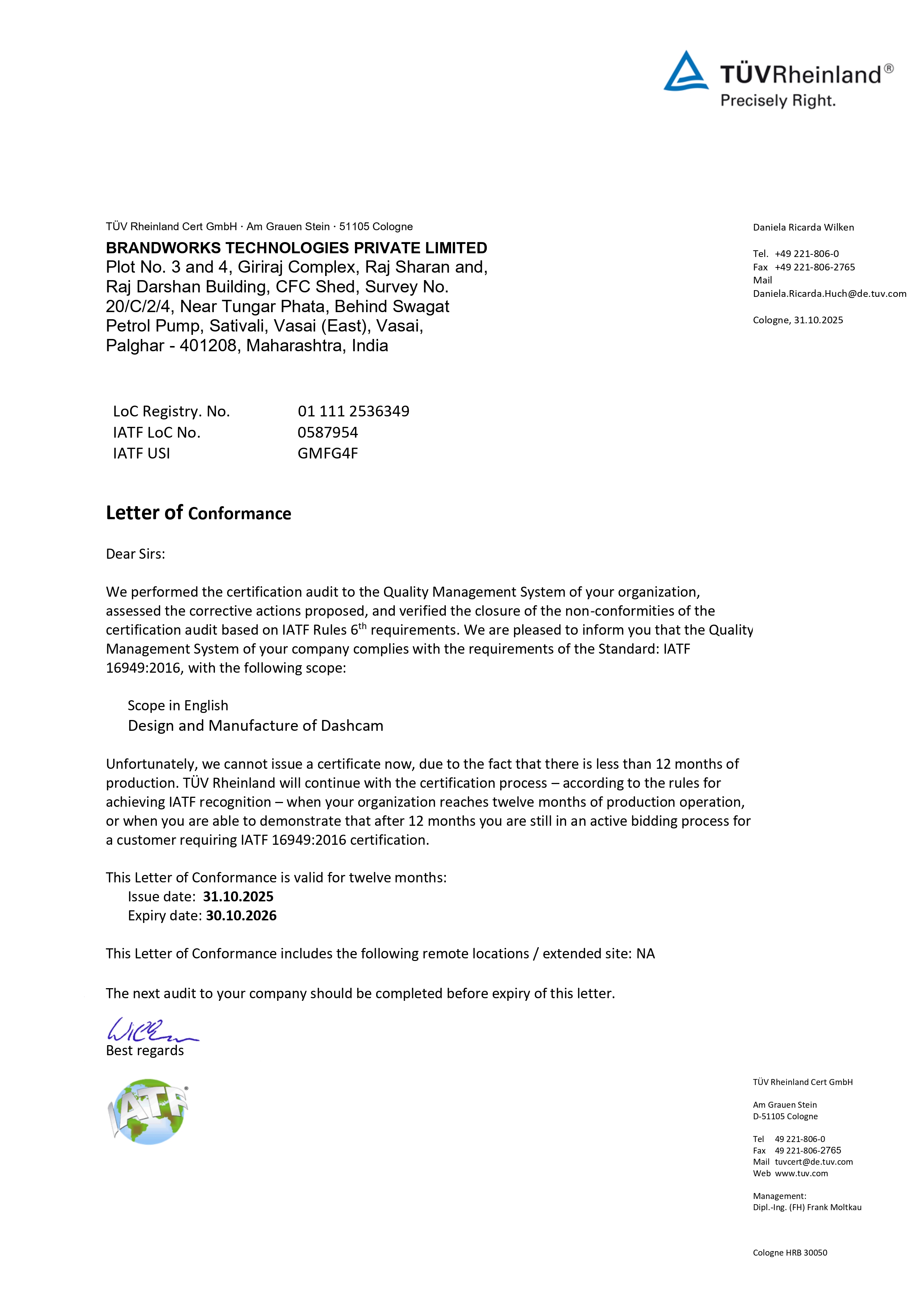 Letter of Conformance